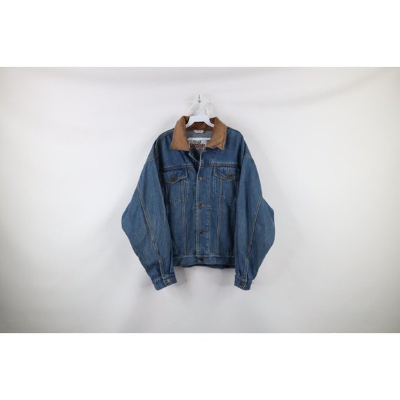 Vintage Other - Vtg 90s Streetwear Mens Medium Distressed Leather Collar Denim Trucker Jacket